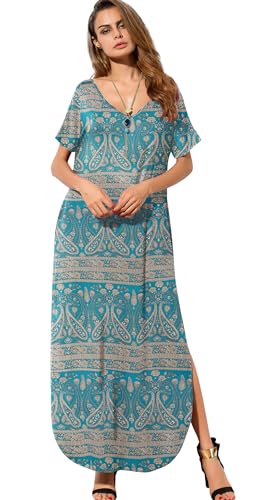Image of GRECERELLE Women's Summer Maxi Dress Casual Loose V Neck Short Sleeve Side Split Long Dresses with Functional Pockets