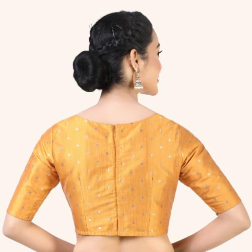 Image of Studio Shringaar Women Cotton Silk Silky Brocade Readymade Elbow Length Sleeves Saree Blouse Choli