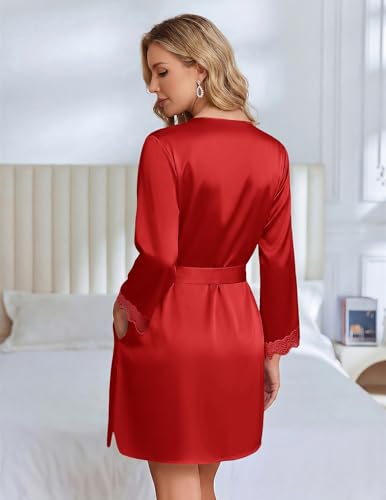 Ekouaer Women's Silk Robe Short Satin Kimono Robe 3/4 Sleeves Lace Trim Bathrobe V Neck Bride Bridsmaid Sleepwear with Pocket — view 5