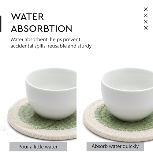 Image of Encasa XO Drink Coasters Set of 6 | Sage & Off White with Round (9 cm) | Handcrafted Ribbed Cotton | Absorbent & Heat-Resistant | Use for Tea, Coffee Table & Desk