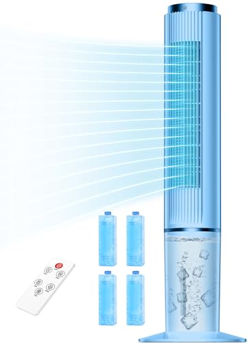 Image of HIFRESH Air Cooler for Home, Mute Operation, 107CM Tower Cooler w /Remote & LED Display, 4 Mode & 3 Speed, 12H Timer, 26 Feet Air Delivery, 4L Water Tank, 4 Ice Packs, 70 Swing Control - Blue