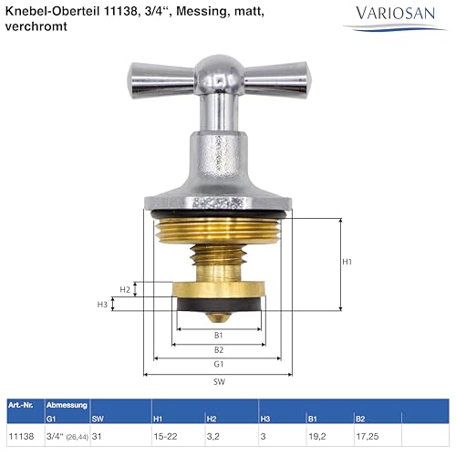 VARIOSAN Knebel-Oberteil 11138, 3/4\, Messing, matt, verchromt