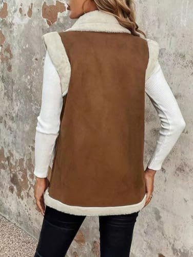 chouyatou Women's Winter Faux Suede Leather Vest Button Up Fuzzy Fleece Sleeveless Sherpa Jacket with Pockets3
