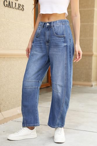 Ladyful Barrel Jeans Vintage Elastic Mid Rise Wide Leg Jeans for Women Trendy Baggy Boyfriend Denim Pants with Pockets3