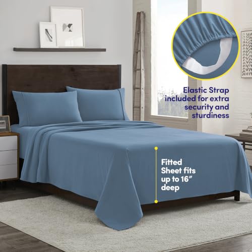 Image of Sweet Home Collection Flannel Sheet Set, Denim Blue Queen, Deep Pocket Soft Brushed Microfiber All-Season Bedding with Fitted Sheet, Flat Sheet & Pillowcase(s)