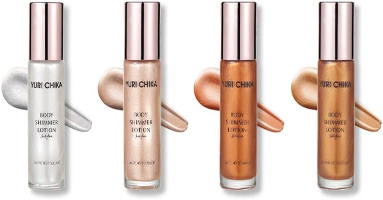 Body Shimmer Oil Set, Waterproof Body Glitter Oil for Face & Bodys, High Glossy Long Lasting Moisturizing Bodys Luminizer Glow, Multi-purpose Glitter Liquid Illuminator Highlighter(4 Pcs)