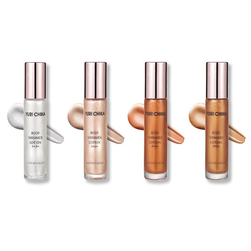 Body Shimmer Oil Set, Waterproof Body Glitter Oil for Face & Bodys, High Glossy Long Lasting Moisturizing Bodys Luminizer Glow, Multi-purpose Glitter Liquid Illuminator Highlighter（4 Pcs）
