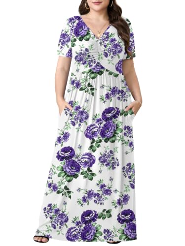 Image of PEVRL Plus Size Summer Maxi Dress for Curvy Women with Pockets 1X-5X | Short Sleeve, Twisted Front V-Neck, Summer Casual A Line Flowy Dress, Empire Waist Floral Print Beach Vacation Long Dress