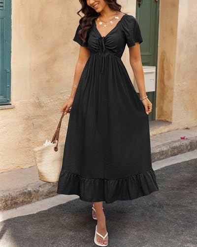 Image of BTFBM Womens Summer Dresses 2026 Casual Short Sleeve V Neck Drawstring Wedding Guest Maxi Dresses Boho Beach Long Dress