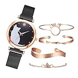  yotijar 5 Piezas/Juego de Relojes para Mujer, Juego de Pulsera de Oro Rosa, Relojes de Pulsera con Patrón de Gato - Negro