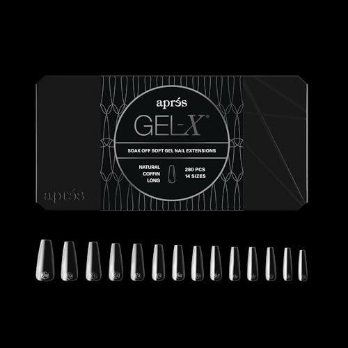 Apres Gel-X Coffin Box of Nail Tips | 280 Gel-X Tips Soft Tips 14 Sizes 00-9 | Half-sizes Included (Natural Coffin Long 280 Count)