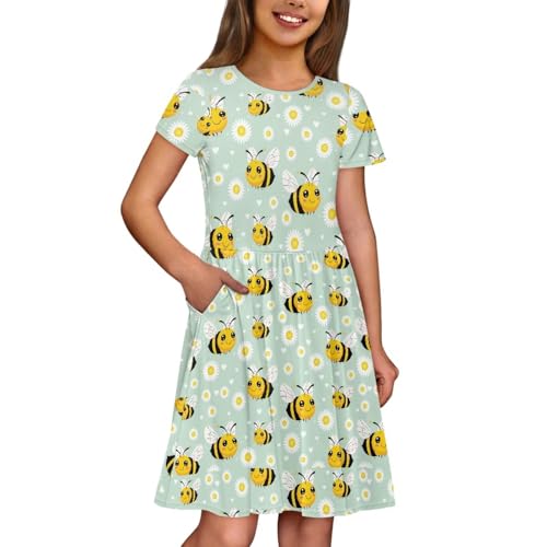 Image of Girls Dress with Pockets Basic Short Sleeve High Waist Swing Skater Dress School Party Dress for Kids