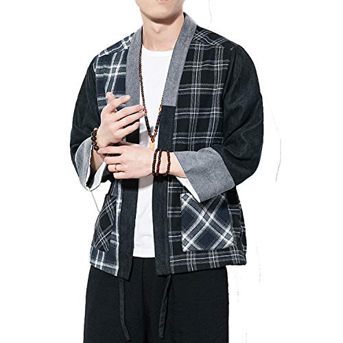 Image of Mens Japanese Kimono Cardigan Cotton Linen Haori Fashion 3 /4 Sleeve Yukata | Shawl Collar Kimono Jacket Robe Embroidery Patchwork Happi Coat Tie Pockets Lightweight Outerwear Daily Casual All Seasons
