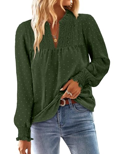 BETTE BOUTIK Women Boho Long Sleeve Shirts Dressy Casual V Neck Fall Fashion Tops Swiss Dot Flowy Blouses