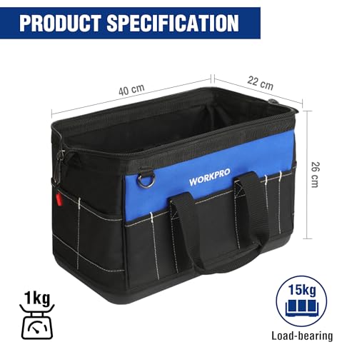 WORKPRO Tool Bag 16-inch, Multi-pockets Heavy Duty Tool Bag with Waterproof Plastic Hard Base, Wide Open Mouth Heavy Duty Electricians Tools Bag with Adjustable Shoulder Strap