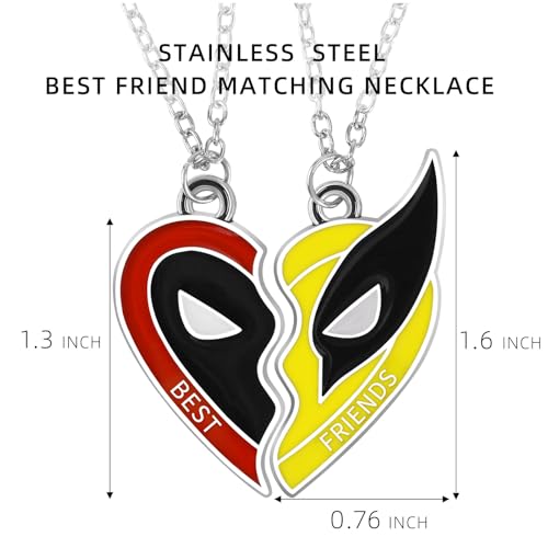 Deadpool and Wolverine Necklace for Men,Matching Necklace for Best Friend Couples Patterns,Half Heart Shape Pendant BFF Friendship Jewelry for Men Women Cartoon Fans Gifts2