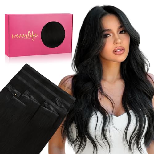Image of WENNALIFE Invisi Edge & Classic Seamless Clip in Hair Extensions Real Human Hair, 12 Inch 80g 7pcs Jet Black Hair Extensions for Women Invisible Straight Injection Extensiones de Cabello Humano