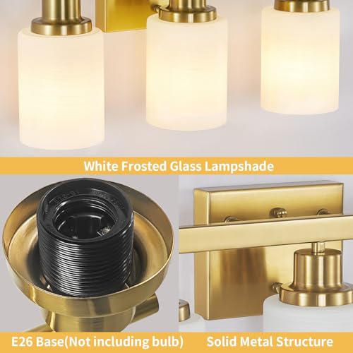 Image of 2-Light Gold Bathroom Light Fixture Vanity Light Over Mirror 10.6in | White Frosted Ribbed Glass Shade Modern Vanity Lights Fixtures Bathroom Wall Lamp Sconces for Mirror Small Space E26 Base