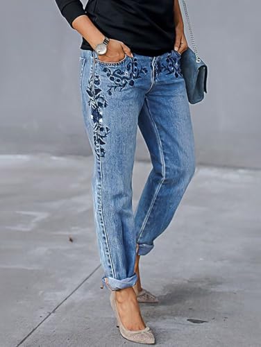 Flamingals Carrot Jeans for Women Mid Rise Casual Floral Embroidery Wash Roll Hem4