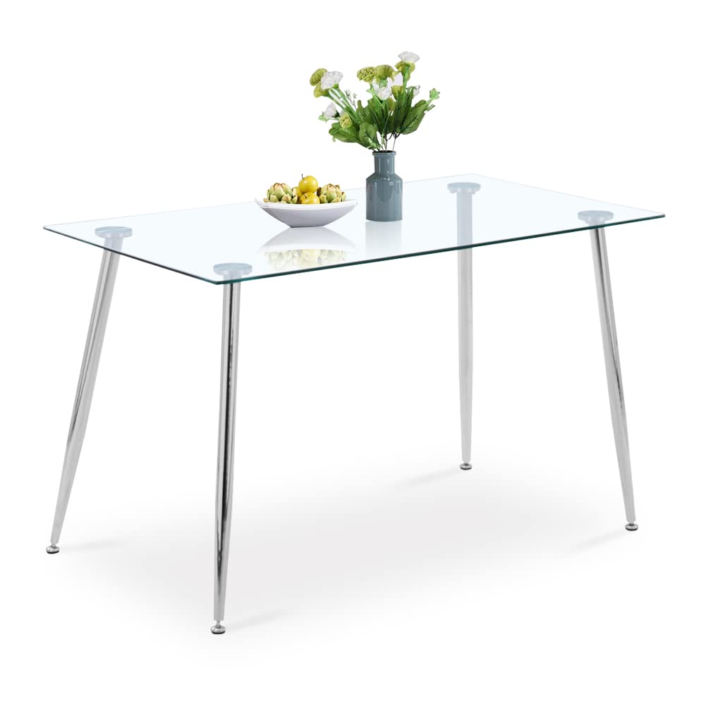 GOLDFAN Glass Dining Table Modern Contemporary Style for Kitchen Table Rectangle Dining Room Table, 120 x 70 x 75 cm, Sliver (Table Only)
