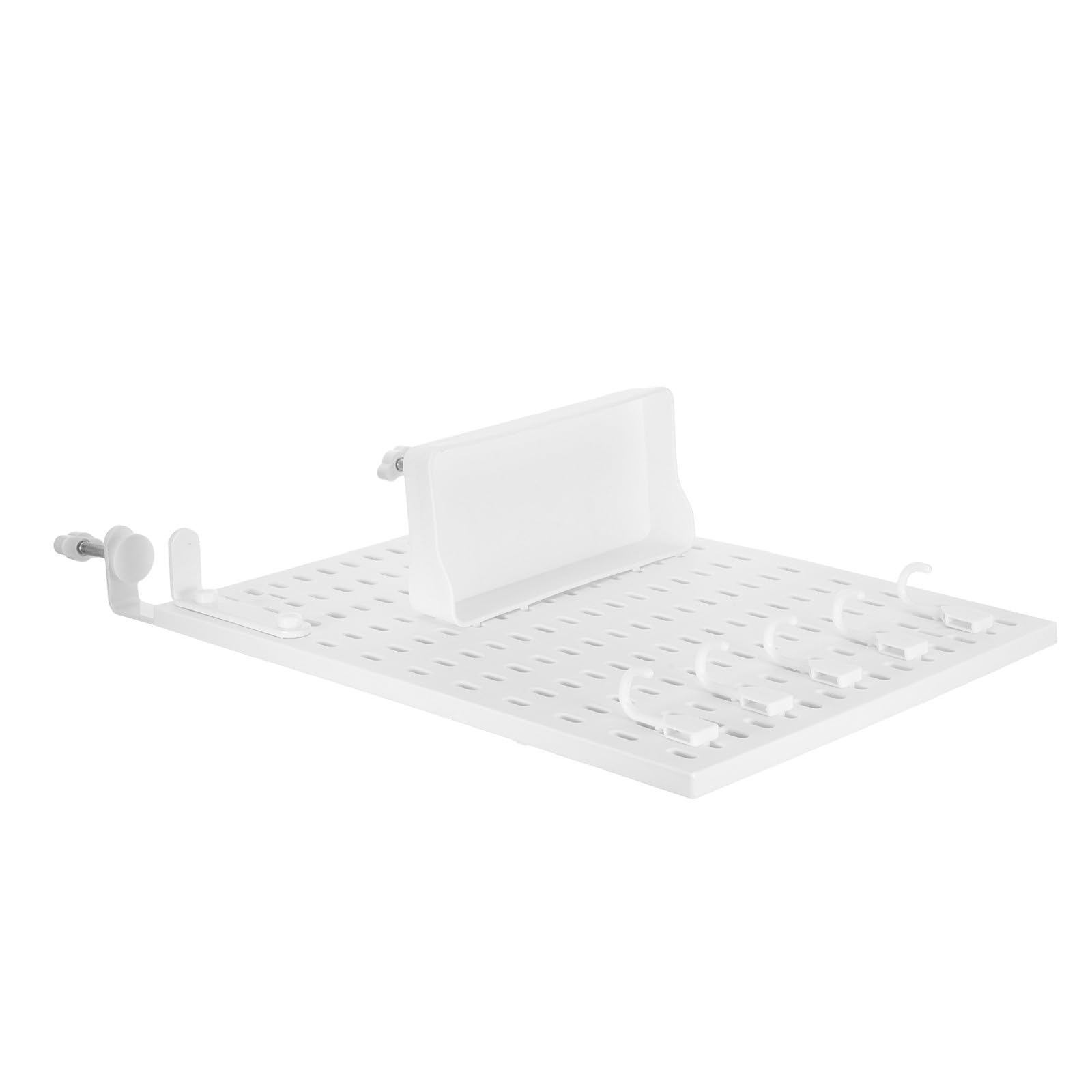 HOMSFOU Organizador de Escritorio y Compartimentos Múltiples Ajustable con Abrazadera de Plástico Blanco, Tablero Perforado con Ganchos para Dormitorio y Oficina