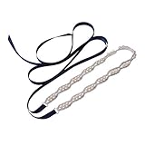 WEZTEZ Thin Crystal Wedding Belt Sliver Bridal Belt Bridesmaid Sash with Pearls Rhinestones for Women Dress Accessories (navy ribbon)