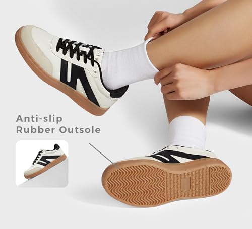 Image of LUCKY STEP Women Retro Gum Sole Fashion Sneakers | Genuine Leather Classic Tennis Skate Walking Shoes Anti Slip Trainers