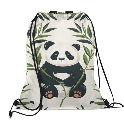 Panda Bear Drawstring Backpack Waterproof String Bag Sackpack Green Plants Cinch Sack for Traveling Gym Sports with Mesh Pockets2