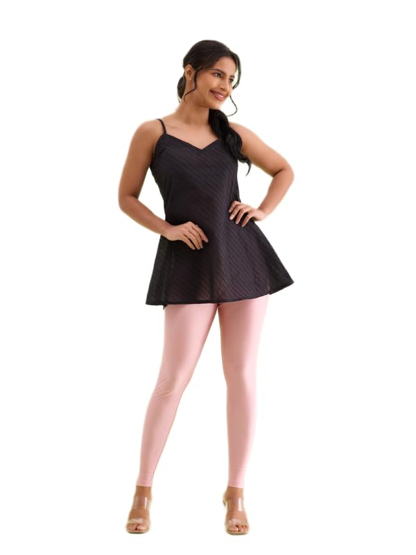 GO COLORS Women Solid Mid Rise Dusty Rose Slim Fit Shimmer Leggings, Red, Small