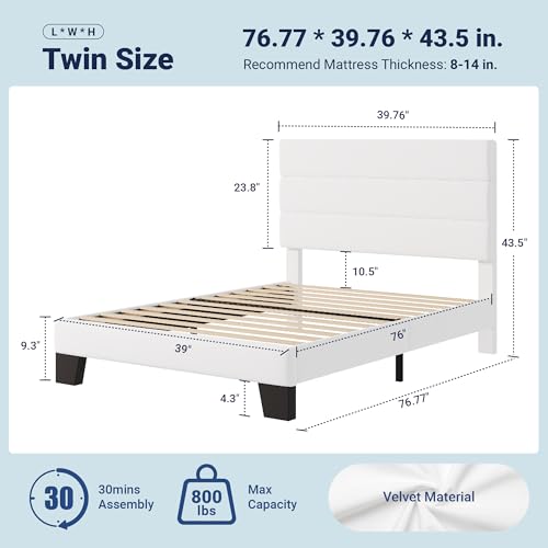 Image of Allewie Twin Size Platform Bed Frame with Velvet Upholstered Headboard and Wooden Slats Support, Fully Upholstered Mattress Foundation /No Box Spring Needed /Easy Assembly, White