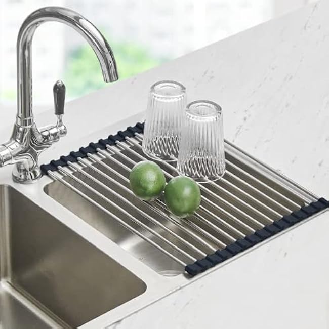 Seropy Roll Up Dish Drying Rack Over The Sink Drying Rack for Kitchen Counter, Rolling Dish Rack Over Sink Mat, 20.5x11.8 Foldable Dish Drainer Stainless Steel Rack Kitchen Organization Gadgets