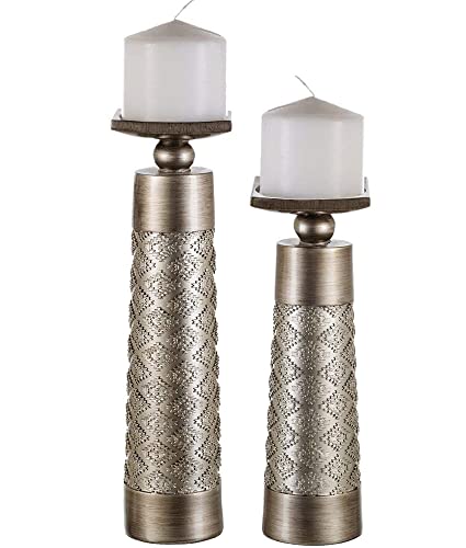Creative Scents Dublin Silver Decorative Candle Holder Set of 2 - Home Decor Pillar Candle Stand, Coffee Table Mantle Decor centerpieces for Fireplace, Living or Dining Room Table, Gift Boxed