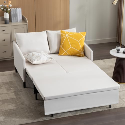Image of XSPRACER 3-in-1 Convertible Sleeper Sofa, Loveseat Sofa Couch with Pullout Bed and Storage for Living Room, Bedroom, Balcony, RV, Linen, White