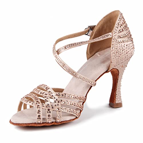 Syrads Zapatos de Baile Latino con Punta Abierta para Mujer Diamantes de imitación Tango salón de Baile Social Zapatos de Baile para Fiesta de Boda,Color Claro 9cm Heel,38 EU