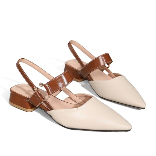 Women's Cross Strap Low Block Chunky Heeled Slingback Pumps, Cute Metal Ring Closed Pointed Toe Sandals Heels for Women Casual Dress Slip On Shoes