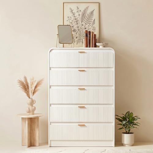 Image of FURSUN Fluted 5 Drawers Dresser for Bedroom, 48 inch Tall Wooden Modern Dresser with Metal Handle, Curved Profile Design, Storage Organizer for Bedroom, Living Room, Hallway, White