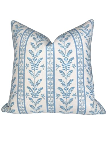 Jillien Harbor “The Louis” Blue Floral Block Print Pillow Cover – Decorative Throw Pillow Cover with Off-White Background – Grandmillennial Home Decor, 20" x 20"