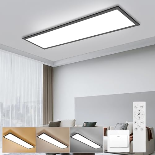 LEOEU LED Panel Deckenleuchte 100x25CM Schwarz, Deckenlampe mit Fernbedienung, 30W 3800LM Deckenlampe Dimmbar 3000K - 6500K, Deckenleuchte Büro mit Speicherfunktion, Deckenpanel für küche Wohnzimmer