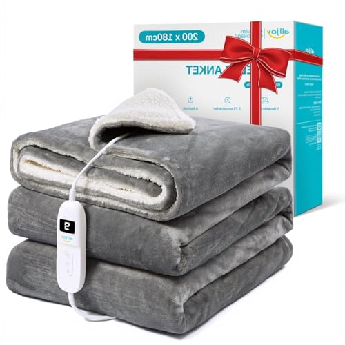 ALLJOY Couverture Chauffante 200x180cm, Plaid Chauffant 2 Places avec Arrêt Automatique & 9 Niveaux de Température, Chauffage Rapide, Flanelle, Lavable en Machine, Gris Anthracite