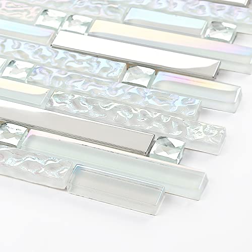 Blujellyfish Glass Metal Tile Iridescent White Glass Silver Mirror Stainless Steel Blends Interlocking Strip Wall Tiles TSTNB01 (Pack of 5 Sheets)
