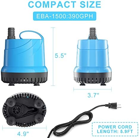 1500L/H Water Pump for Pool Pond Fountains, Submersible Pump for Aquarium Fish Tank, Ultra Quiet Water Pump with 7.2ft. High Lift, Fountain Pump 3 Hose Adapter for Pond, Statuary, Hydroponics, Hottub