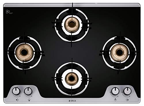 Elica Slimmest 4 Burner Gas Stove with Double Drip Tray and Forged Brass Burners (694 CT VETRO 2J (TKN CROWN DT MI)), Manual Ignition