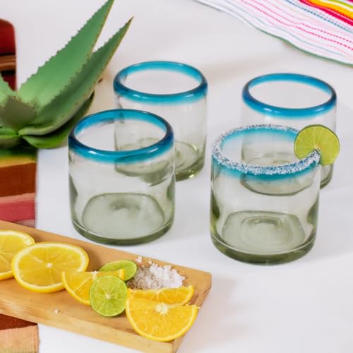 artisan accents Hand-Blown Cocktail Glasses From Mexico – Set of 4 Lowball Rocks Glasses | Authentic Handcrafted 12 oz Old Fashioned Cocktail Glasses | Mexican Kitchen & Barware Gift Set | Blue Rim