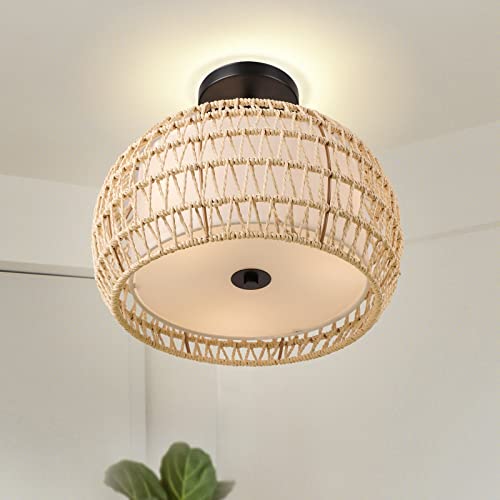 Frideko Home 3-Light Semi Flush Mount Ceiling Light - Woven Rattan Light Fixtures Ceiling Mount Boho Light Fixture With Fabric Shade Ceiling Light Fixture For Bedroom Kitchen Hallway Dining Room #TOP19