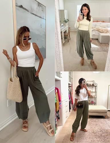 Image of Xiaoxuemeng Womens Baggy Wide Leg Pants Casual Elastic Waisted Palazzo Harem Pants with Pockets