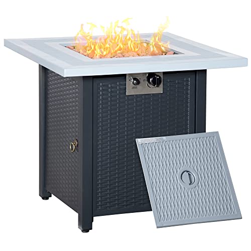 Outsunny Square Propane Gas Fire Pit Table 40000 BTU Rattan Smokeless Firepit Patio Heater with Lava Rocks and Lid 71cm x 71cm x 62cm Black