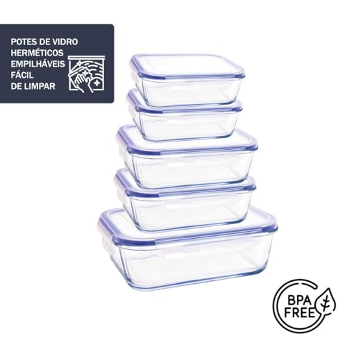 Kit Conjunto 5 Potes De Geladeira Hermético De Vidro Marmita Tampa Click (Azul)