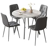 Sesslife Round Dining Table Set for 4 Faux Marble 39“ Round Kitchen Table with 4 PU Chairs for Space Saving Apartment Kitchen Dining Room (Gray + Gray)