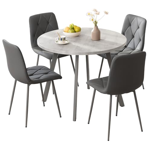 Sesslife Round Dining Table Set for 4 Faux Marble 39“ Round Kitchen Table with 4 PU Chairs for Space Saving Apartment Kitchen Dining Room (Gray + Gray)
