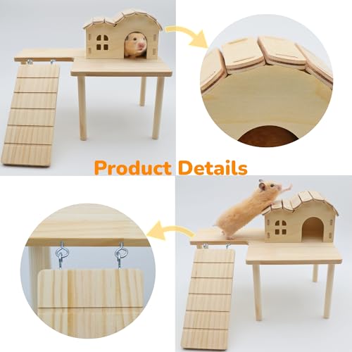2 Pcs Wooden Hamster Platform Set, Hamster Wooden House Hideout, with Detachable Ladder Bridge, Climbing Toys, Cage Accessories, Small Animals Habitat Decor for Rat Gerbils and Other Small Pets